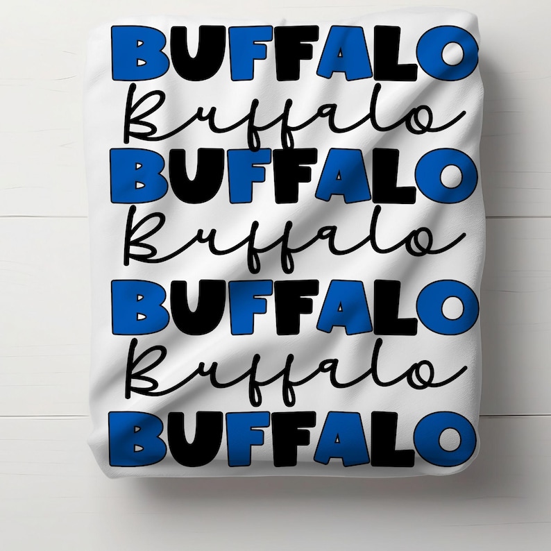 May include: White t-shirt with the word "BUFFALO" repeated six times in blue and black lettering.
