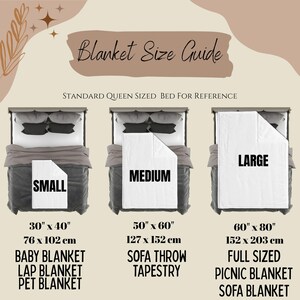 May include: Blanket size guide with three different sizes: small (30" x 40", 76 x 102 cm), medium (50" x 60", 127 x 152 cm), and large (60" x 80", 152 x 203 cm). Each size is shown on a bed with a white blanket.