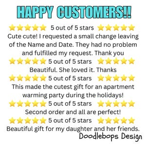 May include: Five customer reviews with five stars each. The reviews are positive and mention the product is cute, beautiful, and a great gift. The reviews also mention the seller was helpful and fulfilled a request. The text "Doodlebops Design" is at the bottom of the image.