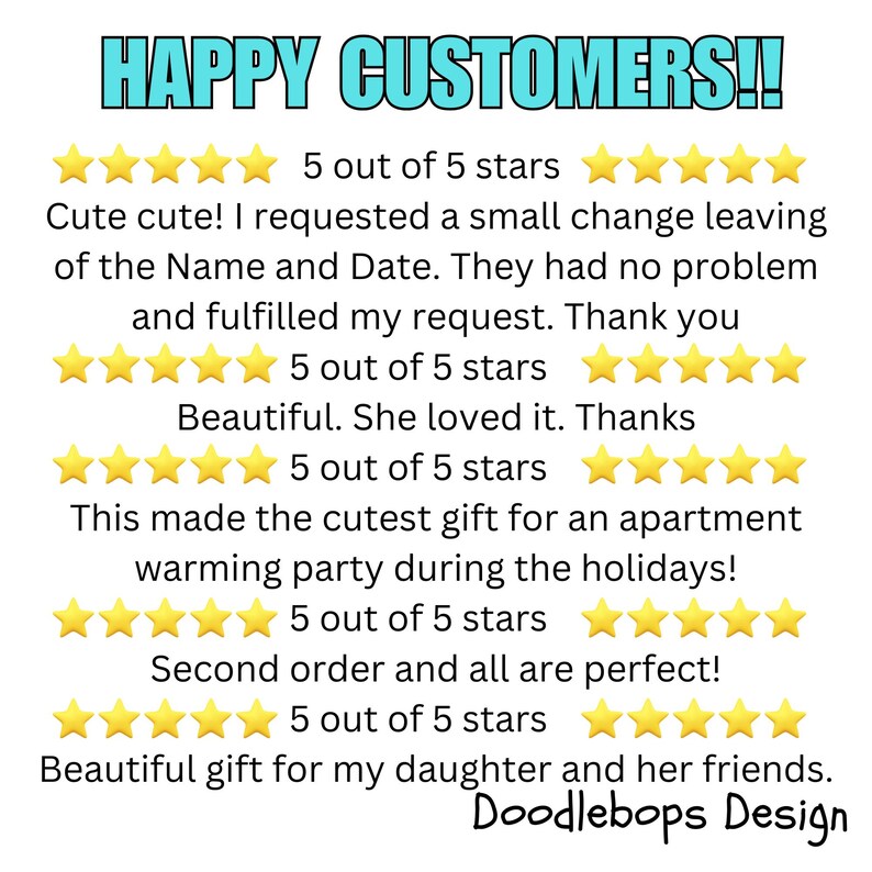 May include: Five customer reviews with five stars each. The reviews are positive and mention the product is cute, beautiful, and a great gift. The reviews also mention the seller was helpful and fulfilled a request. The text "Doodlebops Design" is at the bottom of the image.