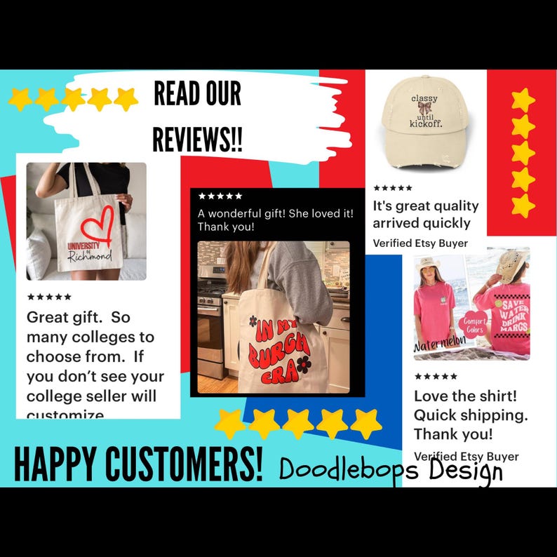 Op de afbeelding: Een collage van afbeeldingen die positieve klantbeoordelingen tonen voor een winkel genaamd "Doodlebops Design". De beoordelingen benadrukken de kwaliteit van de producten, waaronder tote bags, t-shirts en hoeden, en de snelle verzendtijden. De beoordelingen worden vergezeld van vijfsterrenbeoordelingen.