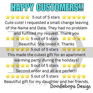 May include: Five-star customer reviews for a business called Doodlebops Design. The reviews highlight the quality of the products and the customer service. The text includes phrases like "cute cute!" and "beautiful. She loved it."