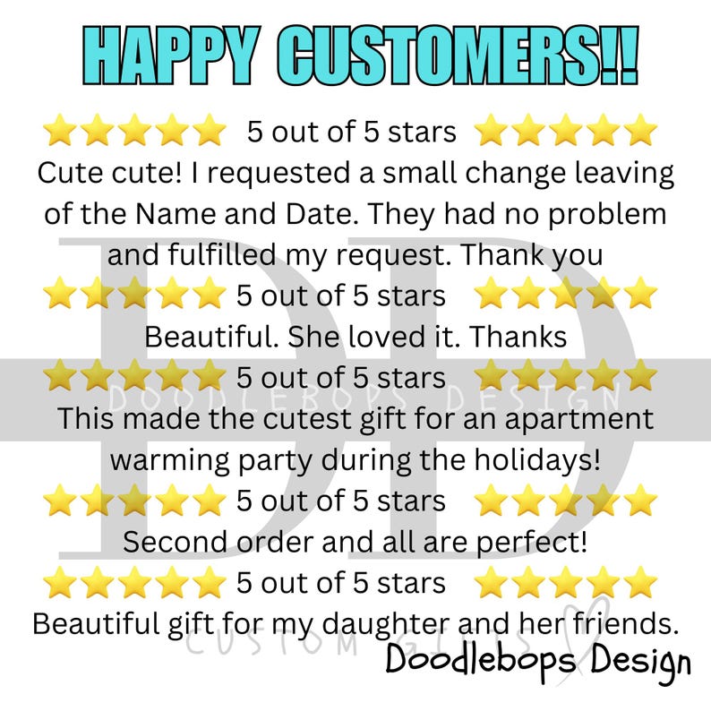 May include: Five-star customer reviews for a business called Doodlebops Design. The reviews highlight the quality of the products and the customer service. The text includes phrases like "cute cute!" and "beautiful. She loved it."