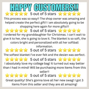 Puede incluir: Gr&aacute;fico con el texto "HAPPY CUSTOMERS!!" en azul, calificaciones de 5 estrellas y testimonios de clientes. Los testimonios elogian al vendedor, la calidad del producto y la personalizaci&oacute;n.