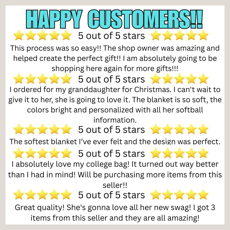 Puede incluir: Gr&aacute;fico con el texto "HAPPY CUSTOMERS!!" en azul, calificaciones de 5 estrellas y testimonios de clientes. Los testimonios elogian al vendedor, la calidad del producto y la personalizaci&oacute;n.