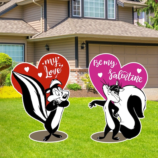 Pepe Le Pew and Penelope Be My Valentine Decoration Indoor Outdoor Corrugated Plastic Cutout Yard/Lawn Sign Home/Garden Décor Event Holiday