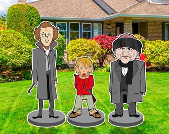 May include: Three cartoon characters stand on circular bases. The character on the left is wearing a gray coat and has a mustache. The character in the middle is wearing a red shirt and has a surprised expression. The character on the right is wearing a gray coat and a black hat.