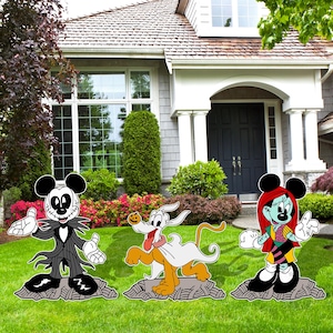 May include: A set of four Halloween yard decorations featuring characters from Disney's Nightmare Before Christmas and Mickey Mouse. The characters are Jack Skellington, Sally, Zero the Ghost Dog, and Mickey Mouse dressed as Jack Skellington. The decorations are made of wood and are painted in black, white, orange, green, and red.