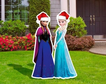 Frozen Elsa & Anna with Santa Hats Decoration Indoor Outdoor 4mm Coroplast Corrugated Plastic Lawn/Yard Sign Home/Garden Decor Holiday Party