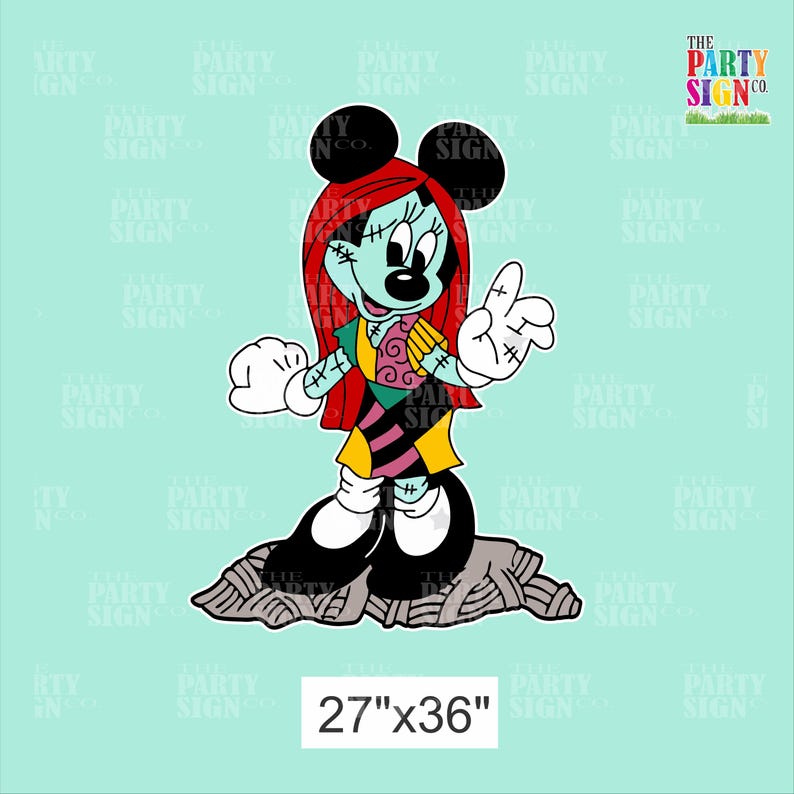 May include: A green and black patchwork-style Minnie Mouse character with red hair and white gloves. The character is standing on a gray rock with the text "27"x"36" below.