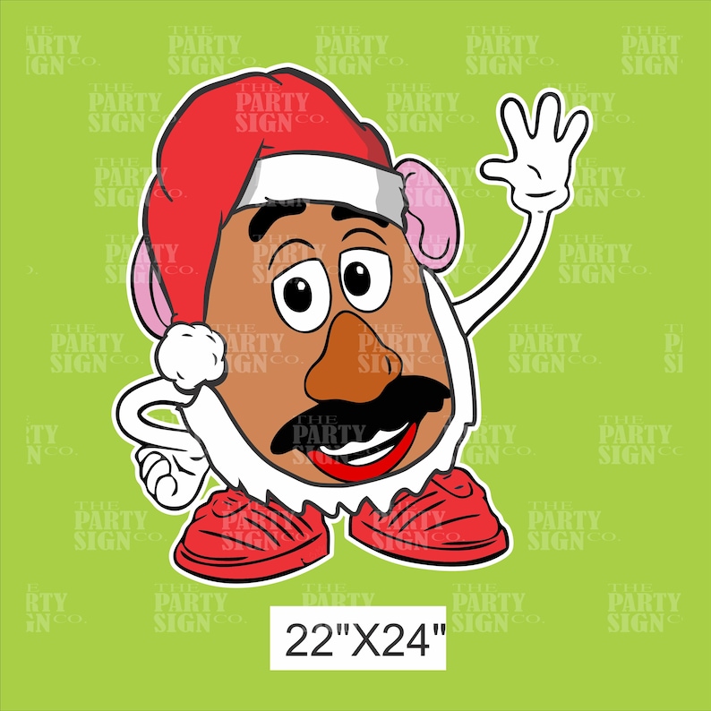 May include: A cartoon illustration of Mr. Potato Head wearing a Santa hat and a white beard. He is waving with his right hand and smiling. The image is 22 inches by 24 inches.