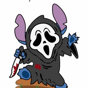 May include: A blue and purple cartoon character dressed as Ghostface from the Scream movie franchise. The character is holding a bloody knife and has a red blood stain on its chest. The character is standing on a brown surface with green grass. 18.7" x 24"