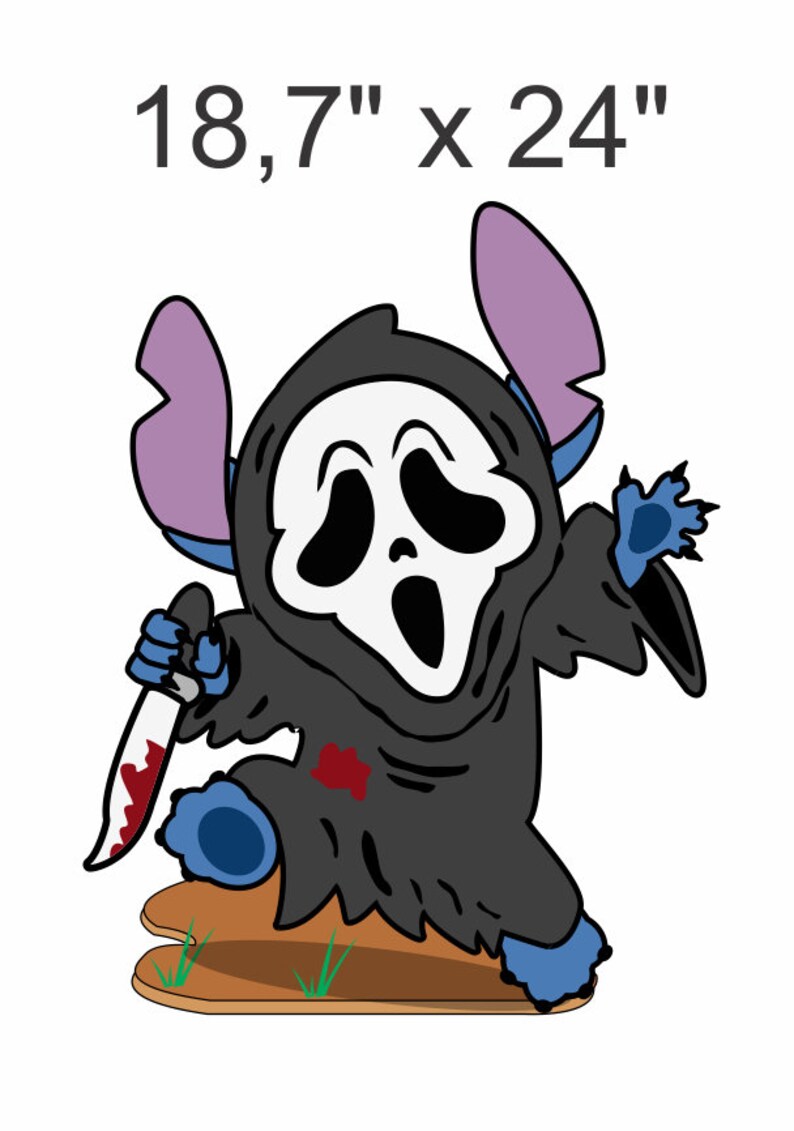 May include: A blue and purple cartoon character dressed as Ghostface from the Scream movie franchise. The character is holding a bloody knife and has a red blood stain on its chest. The character is standing on a brown surface with green grass. 18.7" x 24"