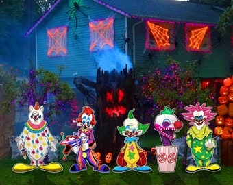 Halloween Killer Klowns from Outer Space Yard Sign Cutout; Rudy, Shorty, Popcorn Baby, Fatso & Spikey, Great Birthday Party and Event Decor.
