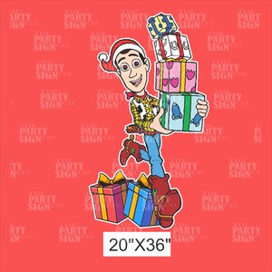 May include: A cartoon illustration of a cowboy character wearing a Santa hat and carrying a stack of wrapped gifts. The character is standing on a red background with a pattern of "The Party Sign Co." repeated. The image includes the text "20"x36".