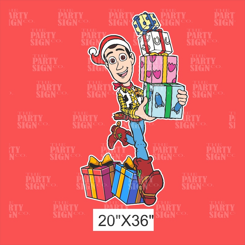 May include: A cartoon illustration of a cowboy character wearing a Santa hat and carrying a stack of wrapped gifts. The character is standing on a red background with a pattern of "The Party Sign Co." repeated. The image includes the text "20"x36".