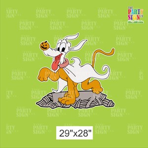 May include: A cartoon illustration of a yellow dog wearing a white ghost costume. The dog is holding a small orange pumpkin in its mouth. The dog is standing on a gray rock. The image is 29 inches by 28 inches.