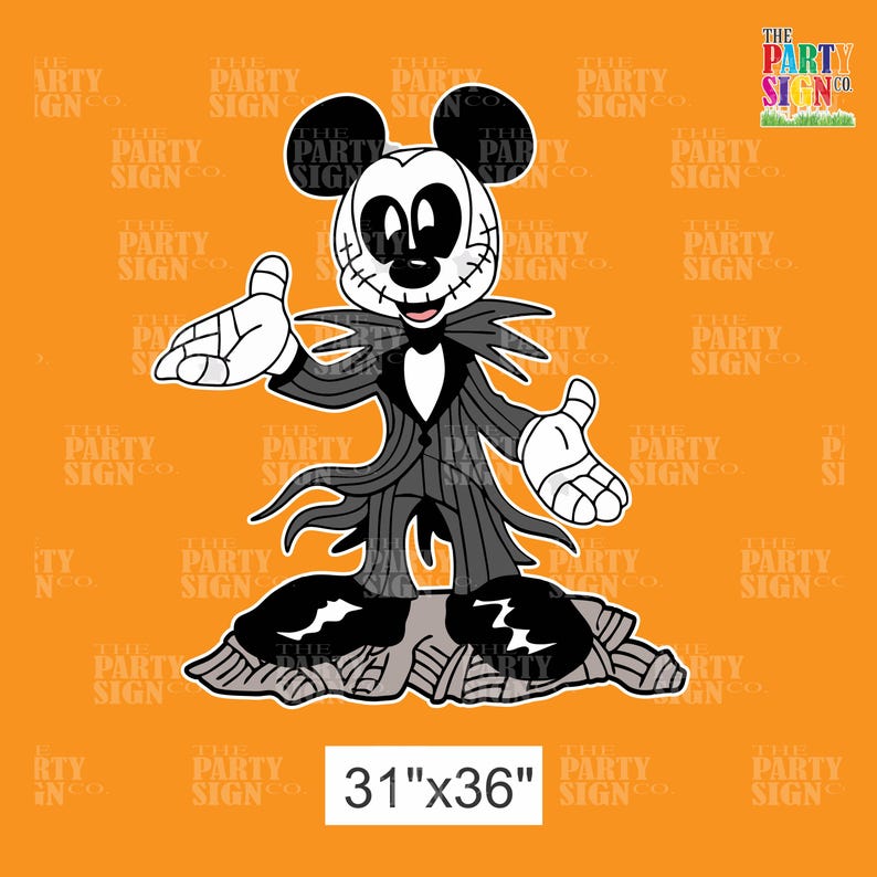 May include: A black and white cartoon illustration of Mickey Mouse dressed as Jack Skellington from the Nightmare Before Christmas. The image is 31 inches by 36 inches.