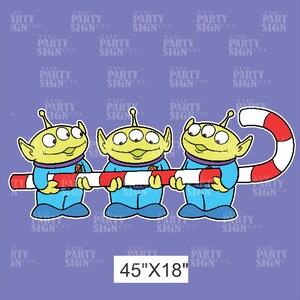 May include: Three green alien characters from the Toy Story franchise holding a red and white candy cane. The candy cane is 45 inches long and 18 inches wide.