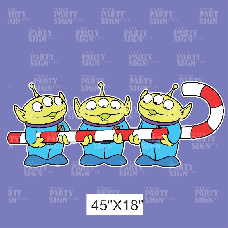 May include: Three green alien characters from the Toy Story franchise holding a red and white candy cane. The candy cane is 45 inches long and 18 inches wide.