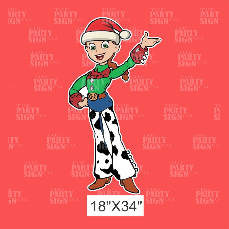 May include: A cartoon illustration of a female character wearing a red and green Christmas outfit and a Santa hat. She is wearing cowboy boots and jeans with a black and white cow print. The image is 18 inches by 34 inches.