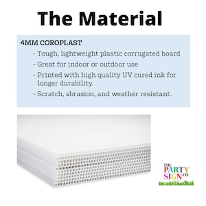 May include: A stack of 4mm thick white corrugated plastic sheets, also known as Coroplast, with a grid pattern. The text "4MM COROPLAST" is visible at the top of the image. The text "Tough, lightweight plastic corrugated board" is visible below the text "4MM COROPLAST". The text "Great for indoor or outdoor use" is visible below the text "Tough, lightweight plastic corrugated board". The text "Printed with high quality UV cured ink for longer durability." is visible below the text "Great for indoor or outdoor use". The text "Scratch, abrasion, and weather resistant." is visible below the text "Printed with high quality UV cured ink for longer durability.". The text "THE PARTY SIGN CO." is visible in the bottom right corner of the image.