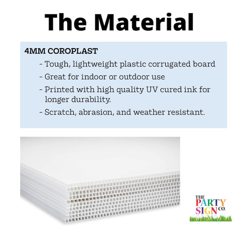 May include: A stack of 4mm thick white corrugated plastic sheets, also known as Coroplast, with a grid pattern. The text "4MM COROPLAST" is visible at the top of the image. The text "Tough, lightweight plastic corrugated board" is visible below the text "4MM COROPLAST". The text "Great for indoor or outdoor use" is visible below the text "Tough, lightweight plastic corrugated board". The text "Printed with high quality UV cured ink for longer durability." is visible below the text "Great for indoor or outdoor use". The text "Scratch, abrasion, and weather resistant." is visible below the text "Printed with high quality UV cured ink for longer durability.". The text "THE PARTY SIGN CO." is visible in the bottom right corner of the image.