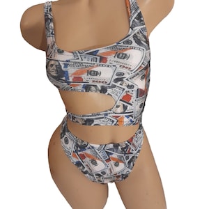 Money print cut out 1 piece monokini outfit for stripper/exotic dancer/ bottle girl/bartender