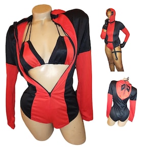 Red and Black Bodysuit Costume with Hood – Sexy Superhero Cosplay Outfit, Exotic Dancer Rave Wear, Halloween Vigilante Jumpsuit
