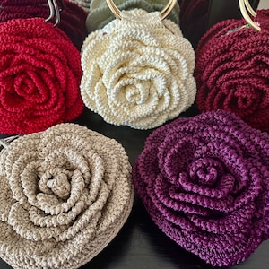 Handmade Crochet Rose Bag – Ruffled Flower Purse, Unique Floral Handbag, Romantic Gift, Red White Purple Options, Statement Accessory
