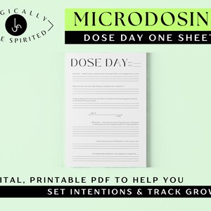 May include: A black and white printable worksheet titled "Dose Day One Sheet" with the words "Microdosing" at the top. The worksheet is designed to help users set intentions and track their progress.