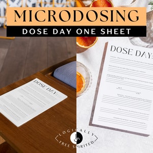 May include: Two printable worksheets with the title "Dose Day" on a white background. The worksheets are for tracking microdosing experiences. The worksheets are on a wooden table and a white surface with oranges and a glass of water.