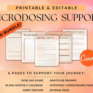 May include: Printable and editable microdosing support mini bundle with 6 pages: a blank monthly calendar, a habit tracker, a dose day guide, gratitude prompts, an intention/vision board page, and a journal page. The pages are designed in a peach and cream color scheme with a Canva logo in the bottom right corner.