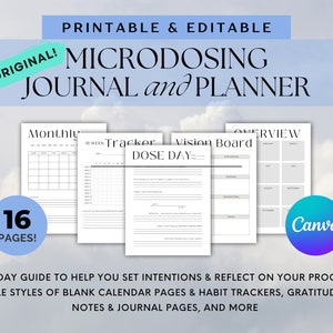 May include: A printable and editable microdosing journal and planner with 16 pages. The journal includes a monthly calendar, weekly tracker, vision board, and overview pages. The text "DOSE DAY" is visible on the page.