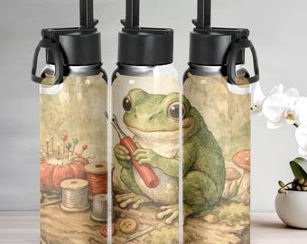 Frog Water Bottle for Stitchers, Sewing Lover Craft Room Hydration