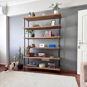 Industrial Bookcase  Wood Shelves, Extra Storage shelf, Iron Pipe Frame, Modern Farmhouse Bookshelf, metal bookcase