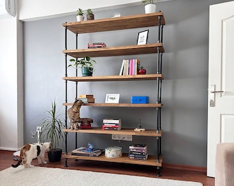 Industrial Bookcase  Wood Shelves, Extra Storage shelf, Iron Pipe Frame, Modern Farmhouse Bookshelf, metal bookcase