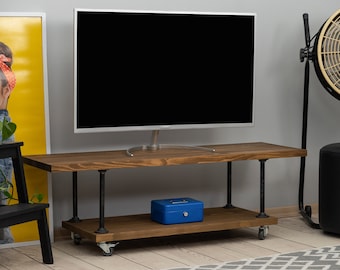 Industrial Rolling TV Stand, Wood and Metal Media Console