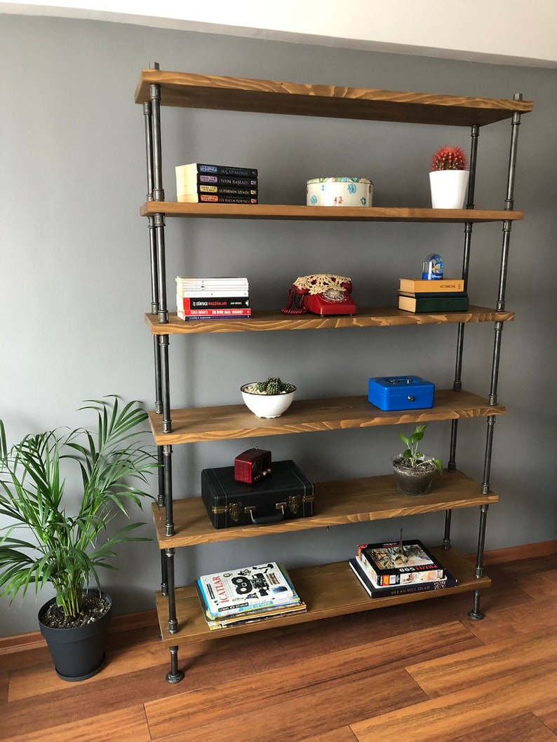 Industrial Bookcase Wood Shelves Extra Storage Shelf Iron Etsy