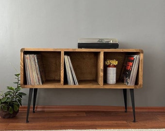Modern Solid Wood Record Player Stand with Album Storage