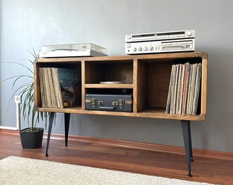 Solid Wood Record Player Stand: Customizable Vinyl Storage Cabinet