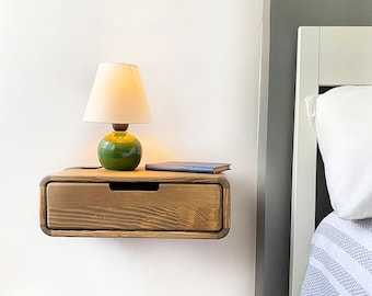 Handmade Floating Nightstand, Dark Walnut Wood Wall Shelf with Drawer