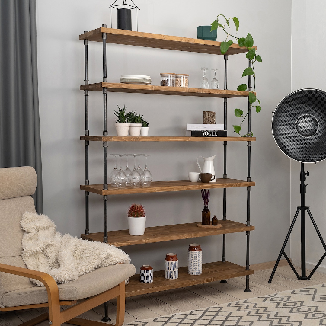 工業用パイプ本棚、無垢材棚、モダンファームハウススタイル - Etsy 日本