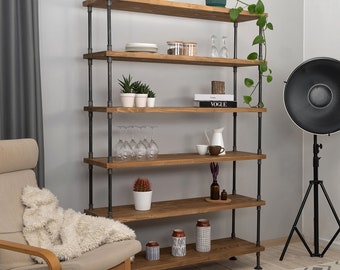 Industrial Pipe Bookcase, Solid Wood Shelves, Modern Farmhouse Style