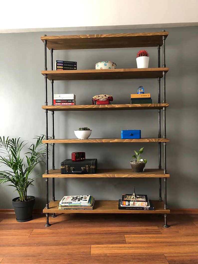 Industrial Bookcase Wood Shelves Extra Storage Shelf Iron Etsy