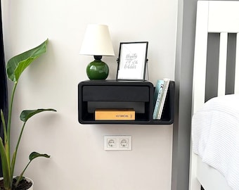 Handmade Wooden Floating Nightstand with Book Storage