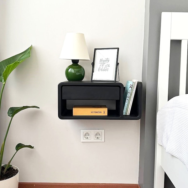 Handmade Wooden Floating Nightstand with Book Storage