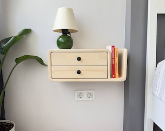 Handmade Floating Nightstand with Drawer, Natural Wood Wall Shelf