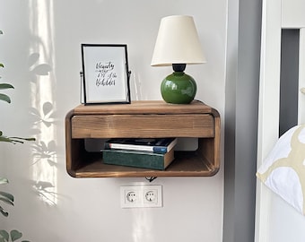Handmade Wooden Floating Nightstand, Wall Mounted Minimalist Shelf