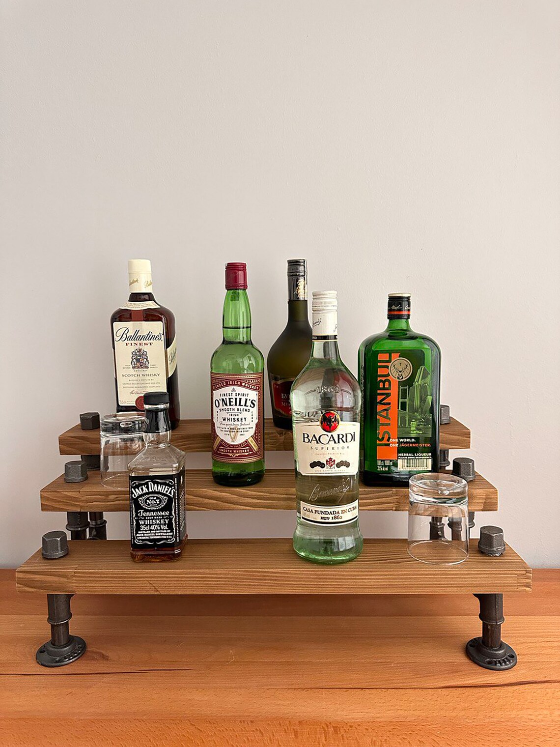 Farmhouse Liquor Rack: Stepped Wood & Cast Iron Bar Display - Etsy